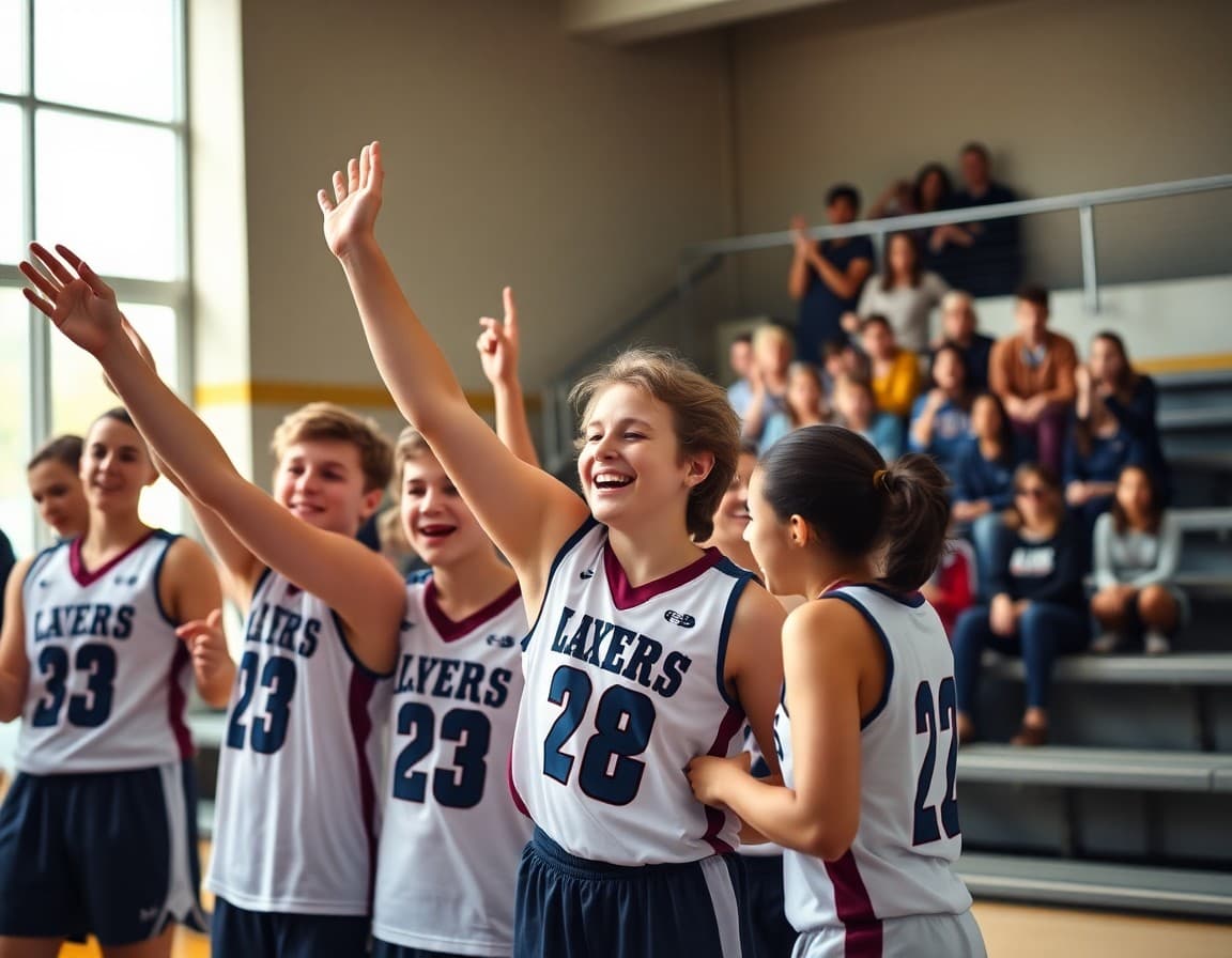 Student athletes in team uniforms celebrating a win with coaches and parents cheering in bleachers
