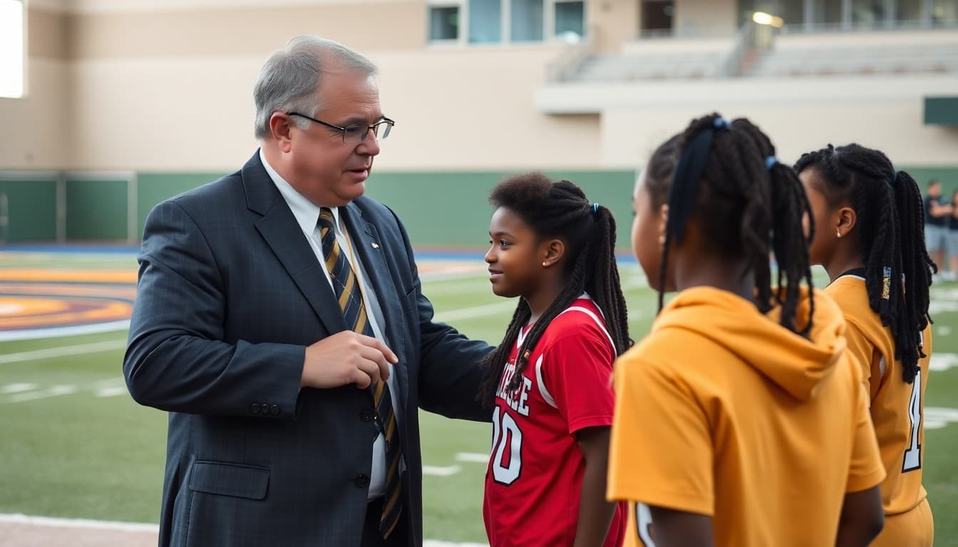Superintendent at district championship celebration congratulating student athletes on the field