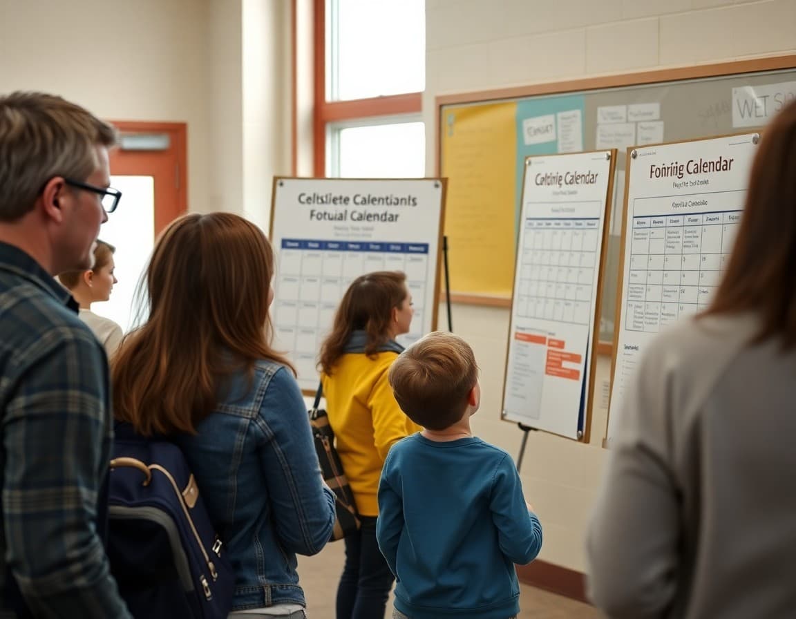 Families reviewing three school calendar options displayed on poster boards at a district community forum