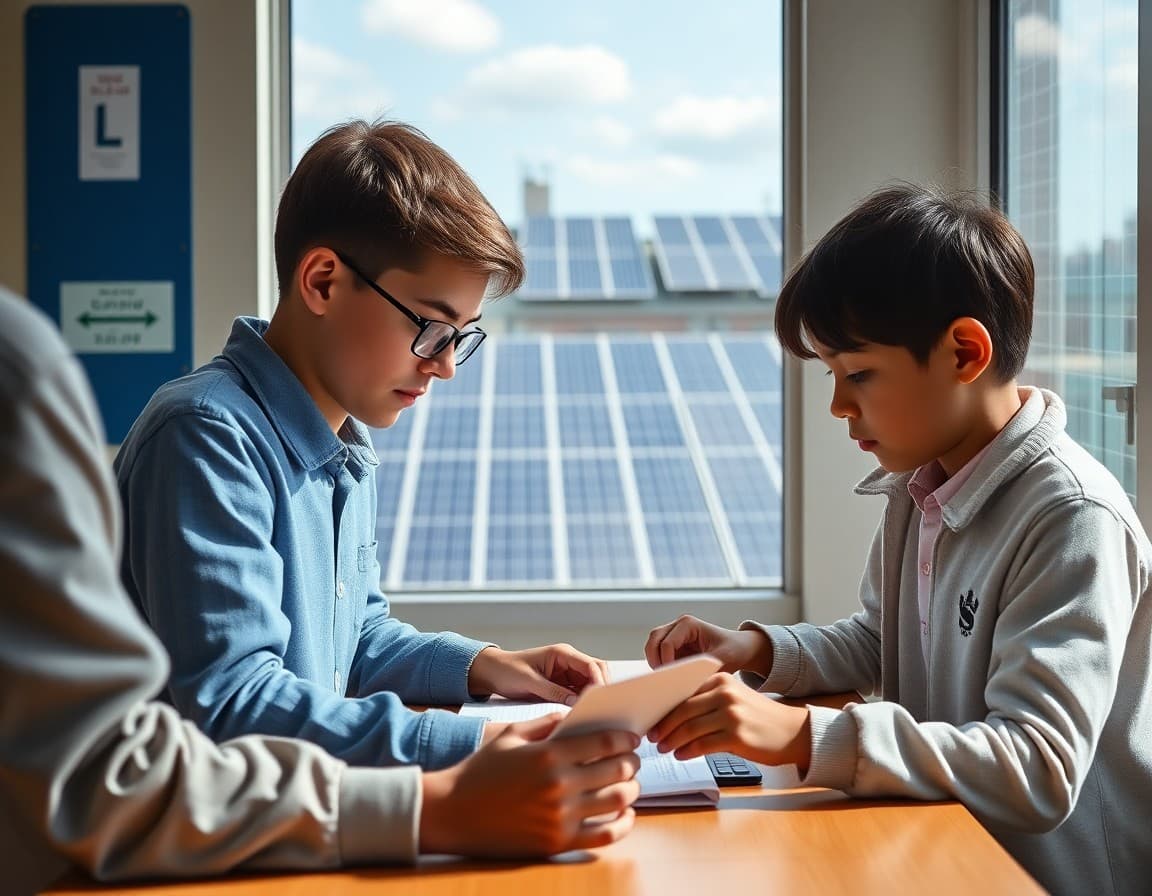 Students working on green energy project with solar panels visible on school rooftop in background