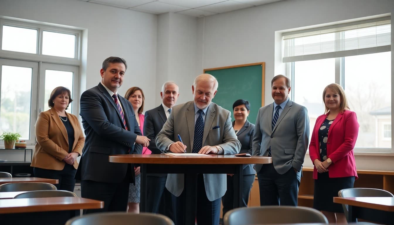 Superintendent signing partnership agreement with local business leaders and educators present