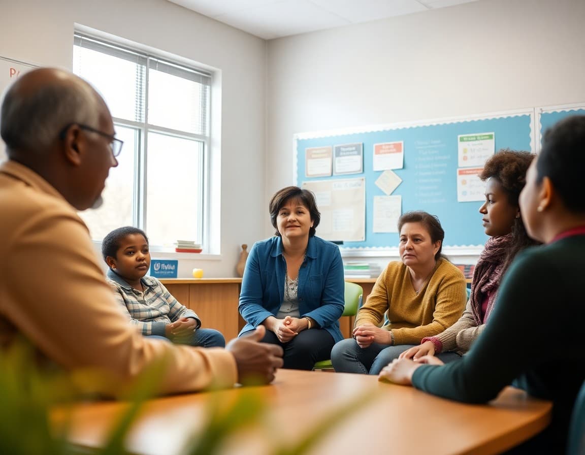 Social worker and family liaison meeting with parents at a community school family resource center