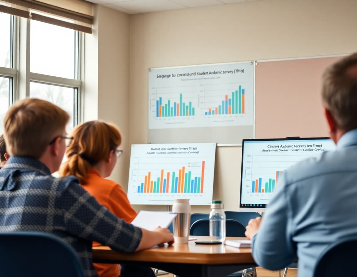Charts showing student academic recovery trends displayed at a district leadership meeting