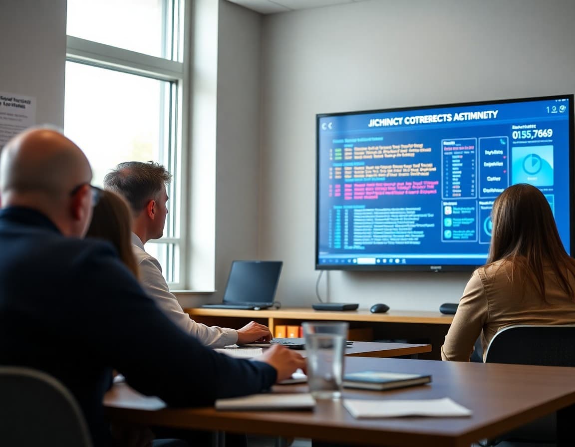 IT director presenting cybersecurity threat data on screen to district leadership and administrators
