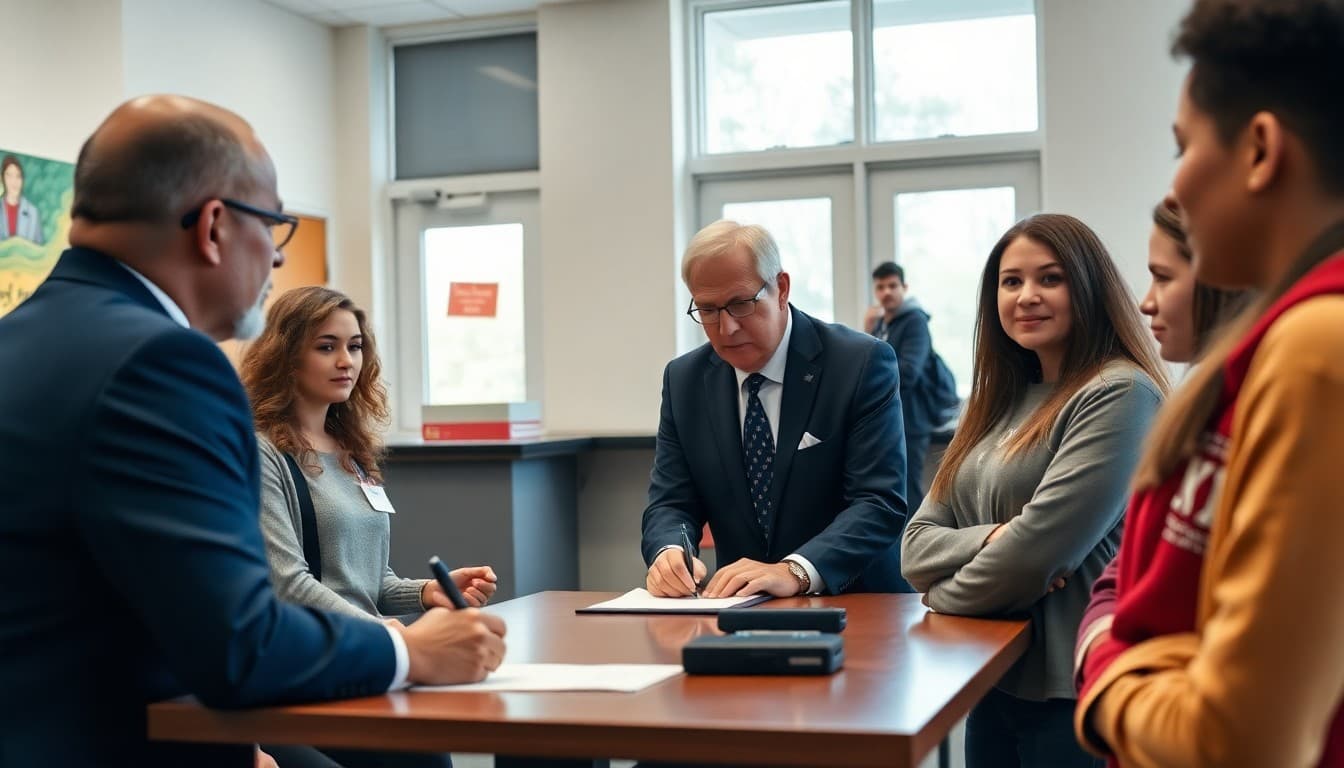 Superintendent at community college partnership signing ceremony with high school students present