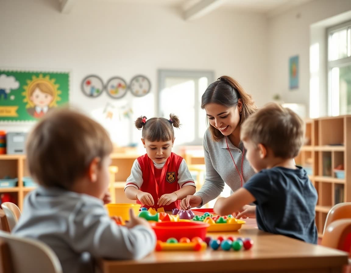 Preschool children engaged in play-based learning with teachers in a bright early childhood classroom