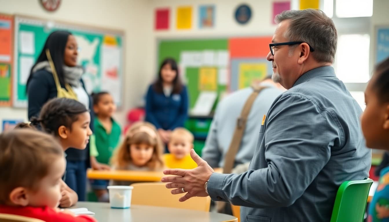 Superintendent at preschool program launch event with young students and parents in colorful classroom