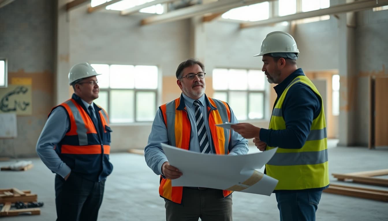 Superintendent at a school construction site reviewing building plans with facilities director