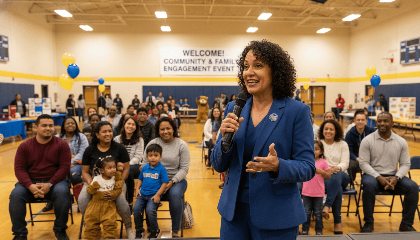 Superintendent speaking with parents and community members at a district family engagement event