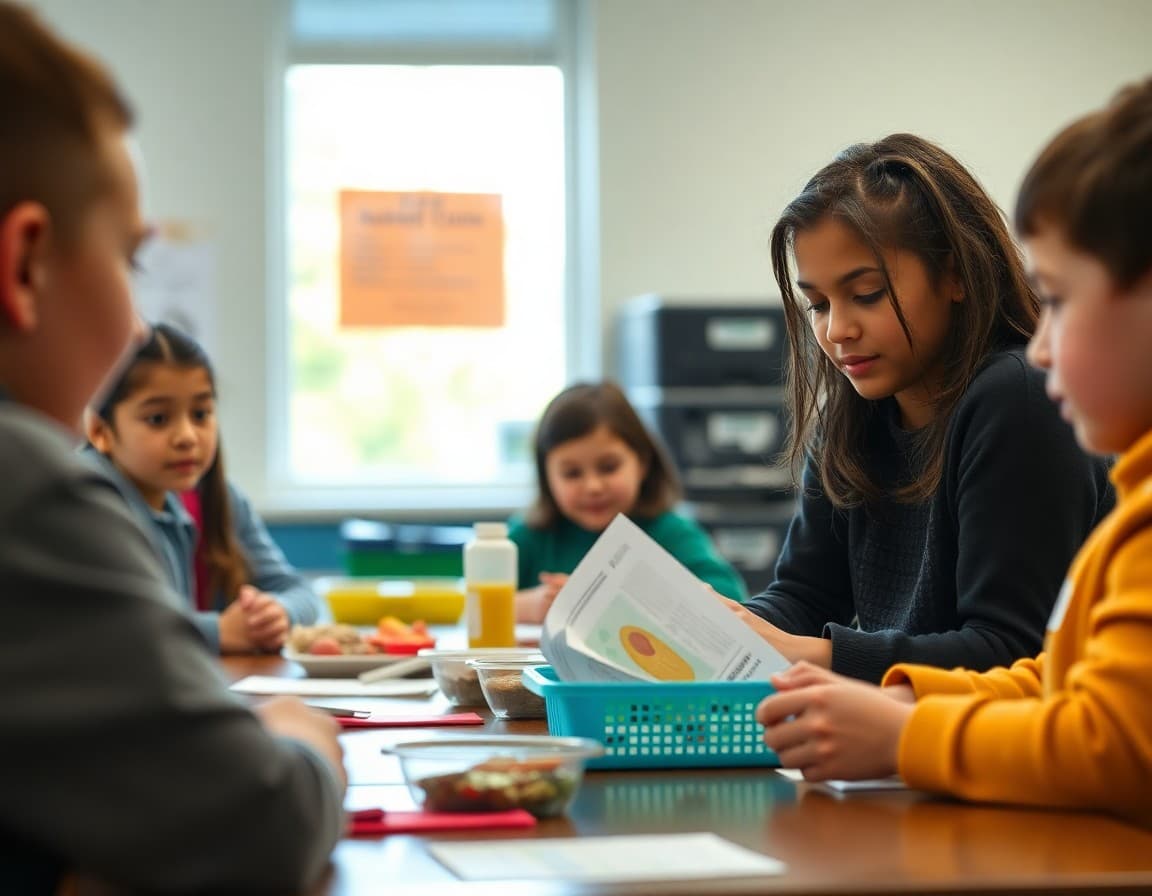 School meal program and food pantry resources newsletter materials at district administration office