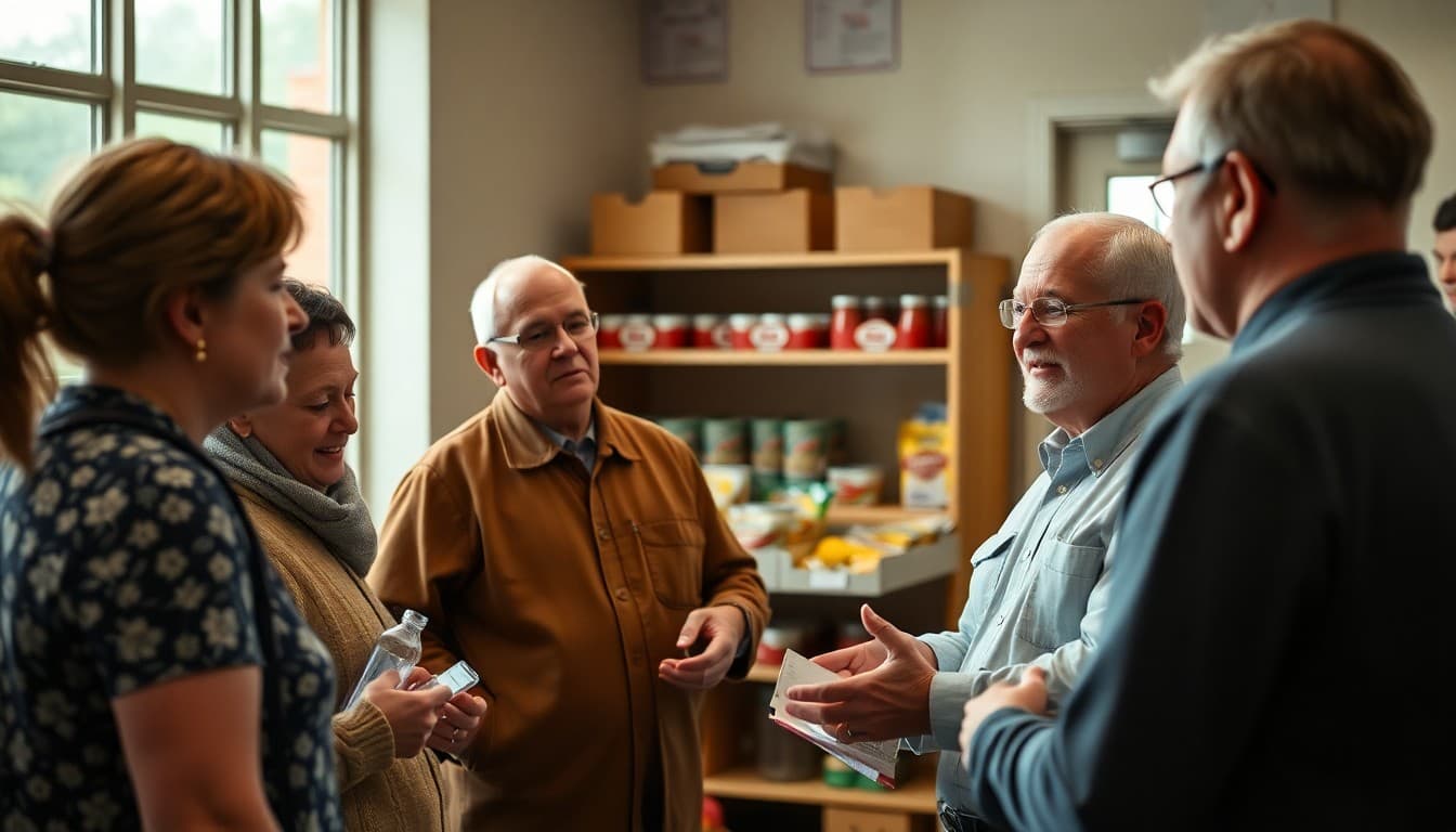 Superintendent at a school food pantry talking with community members about nutrition programs