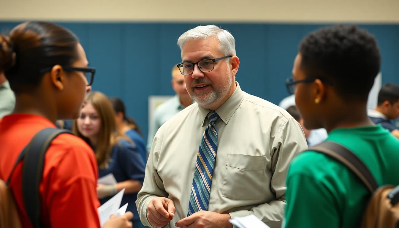 Superintendent at high school college fair with students visiting college and career information booths