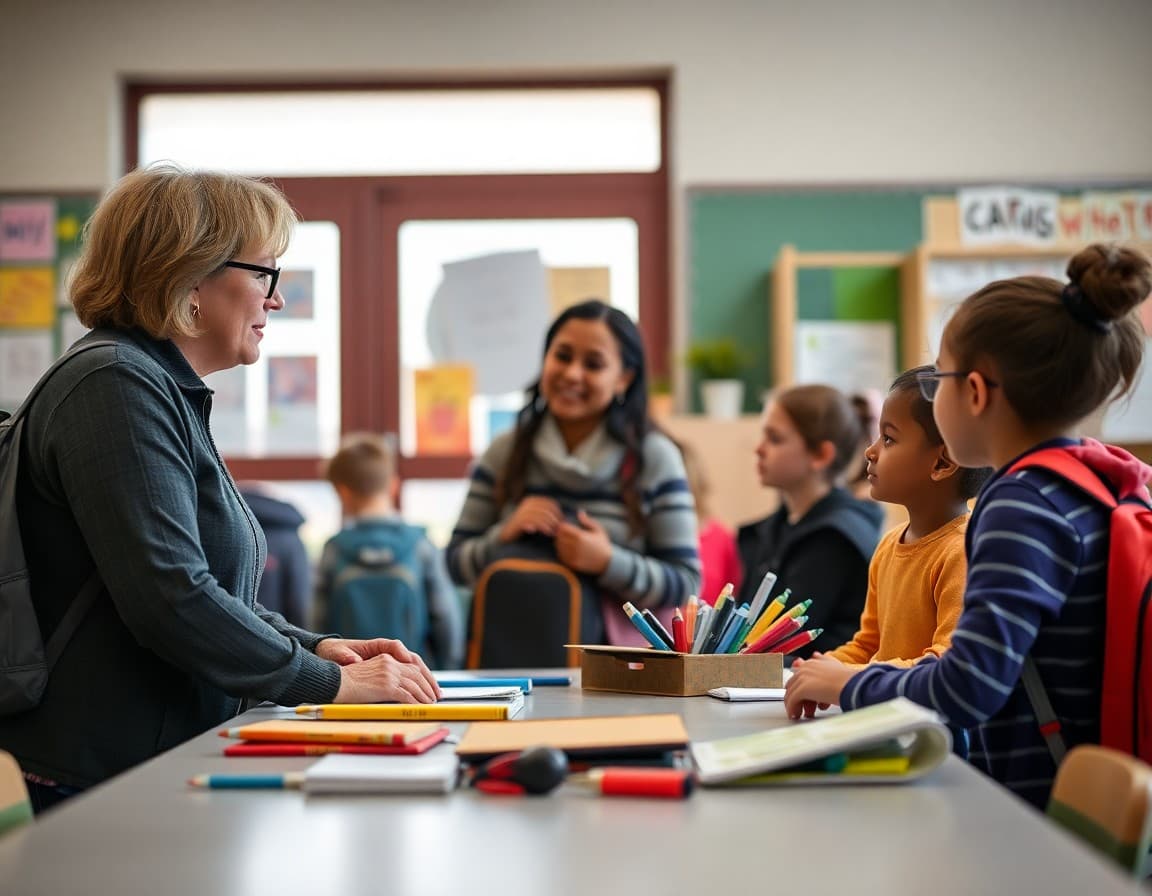 School social worker meeting with family at a resource table with backpacks and school supplies visible