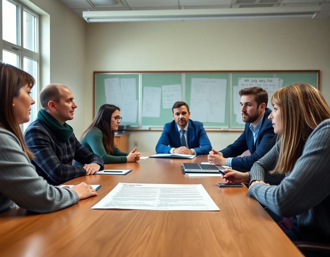 HR policy document on a table with staff discussing changes in a conference room setting