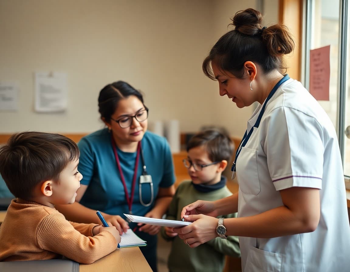 School nurse reviewing immunization records with parent and student in a school health office