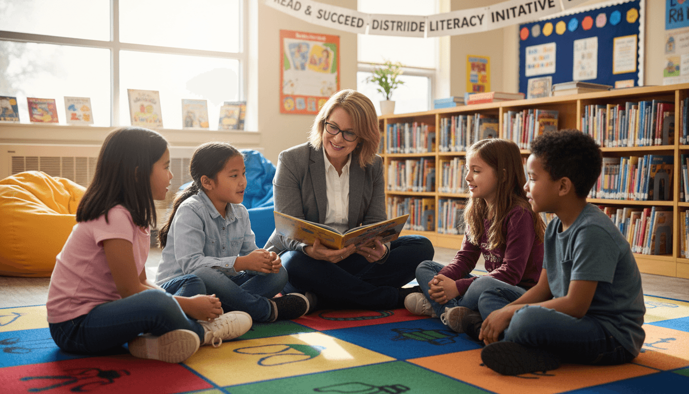 Young student reading aloud to a teacher in a bright early elementary classroom