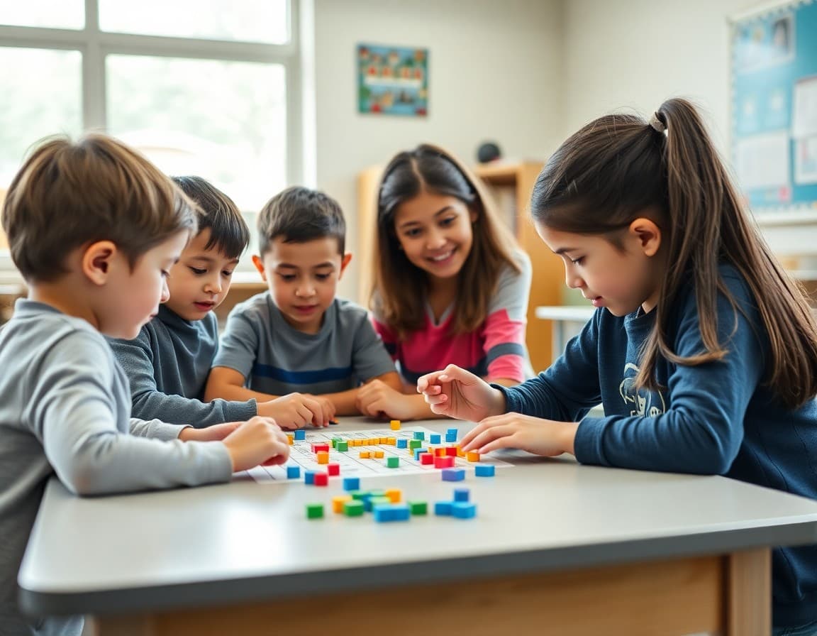 Elementary students working on math manipulative activities with teacher in small group setting