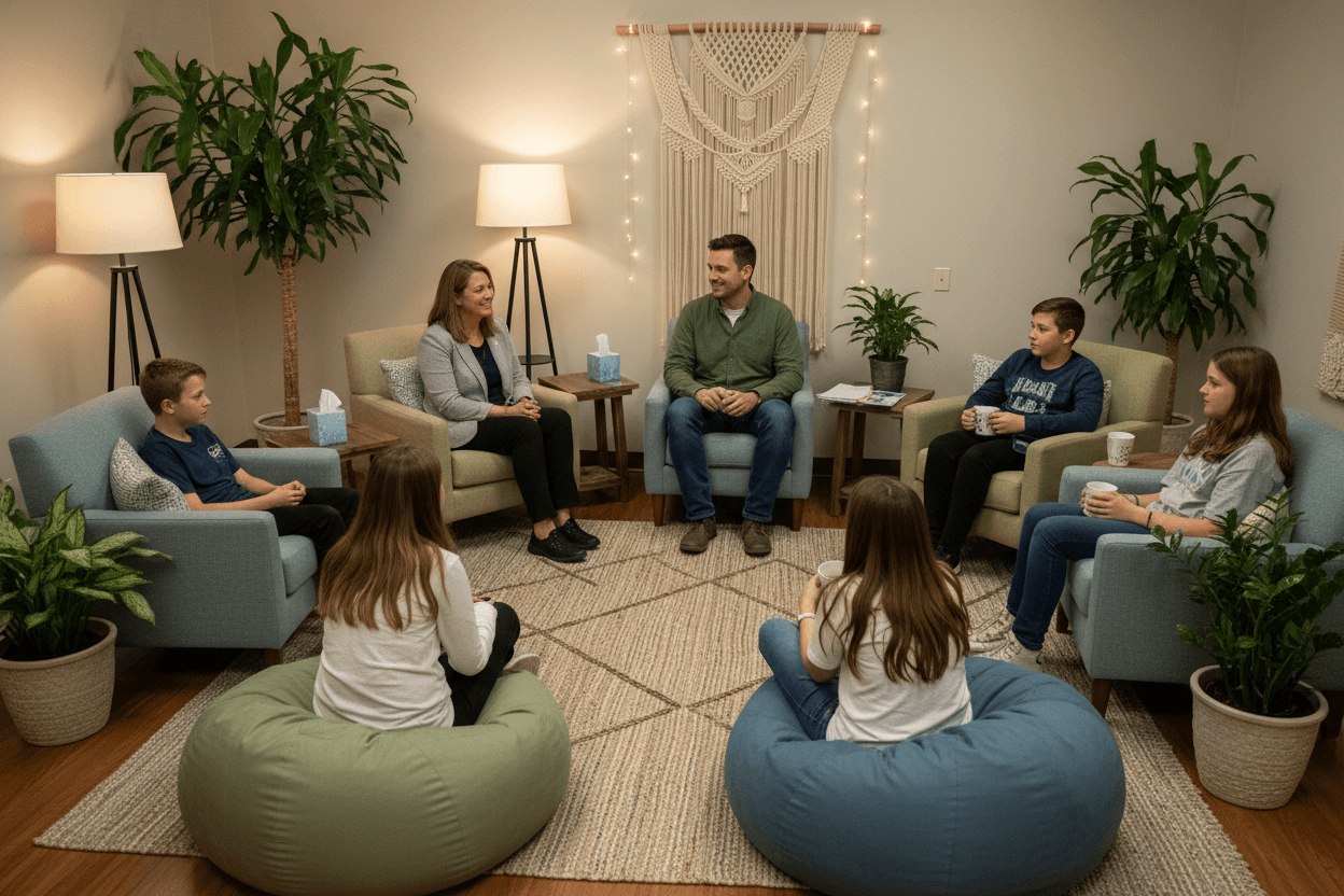 School counselor meeting with a student in a welcoming school wellness room decorated with calming colors