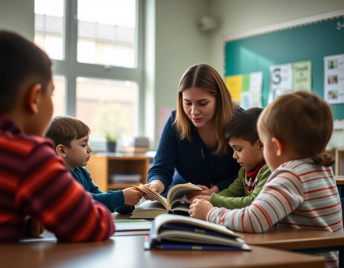 Teacher working with small group of students in targeted reading intervention session in classroom