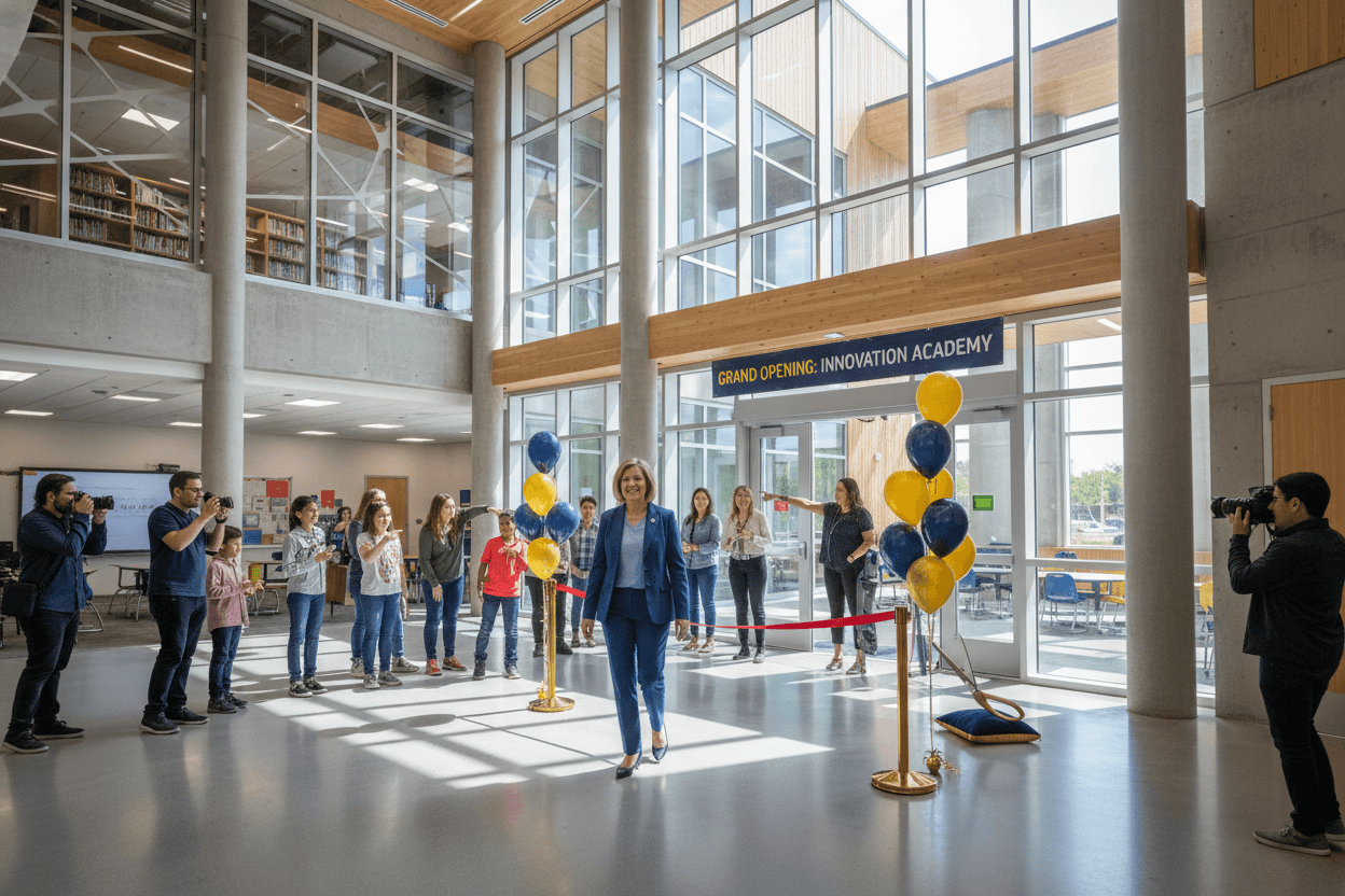 Students and families touring a newly opened school building during an open house event