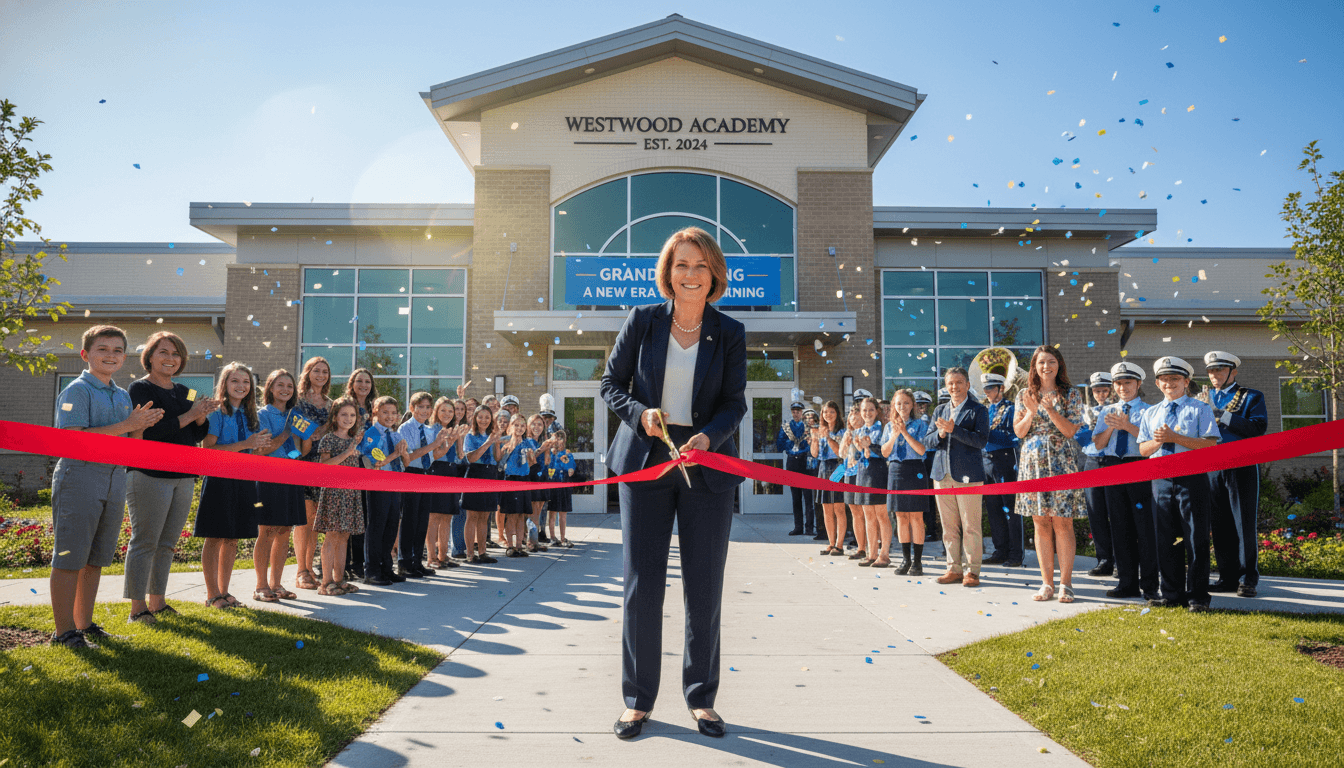 Brand new school building exterior on a bright morning with a ribbon-cutting ceremony in front