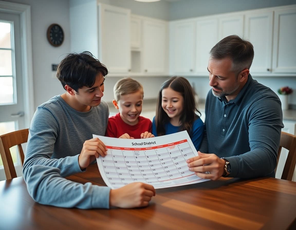 Family reviewing a printed school district calendar at the kitchen table