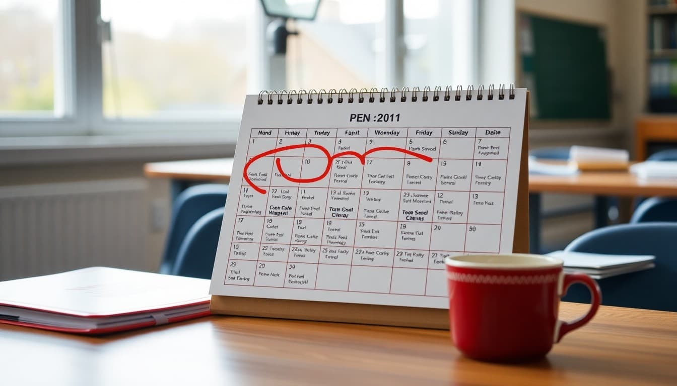 Open school calendar with key dates circled in red on a desk with a coffee cup nearby
