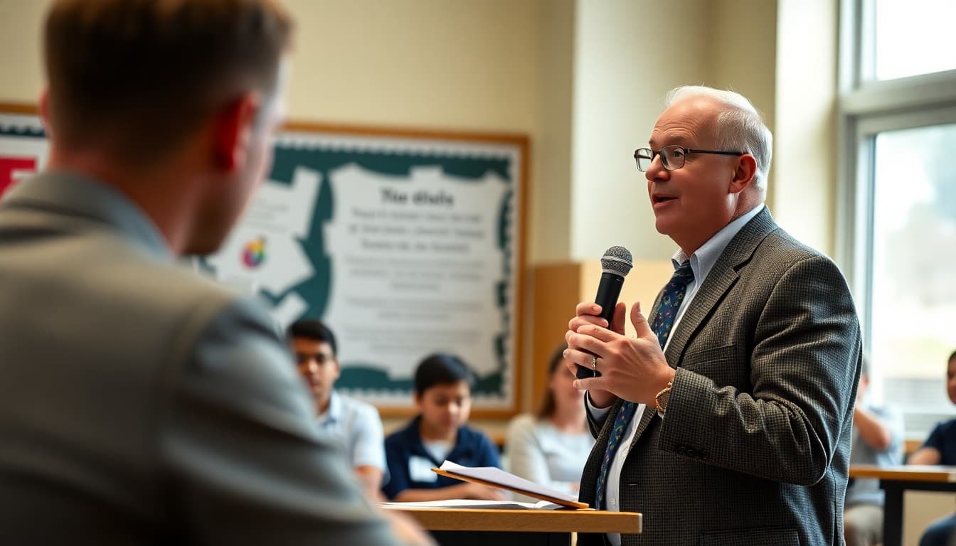 Superintendent speaking at a community forum about the district's academic vision and priorities