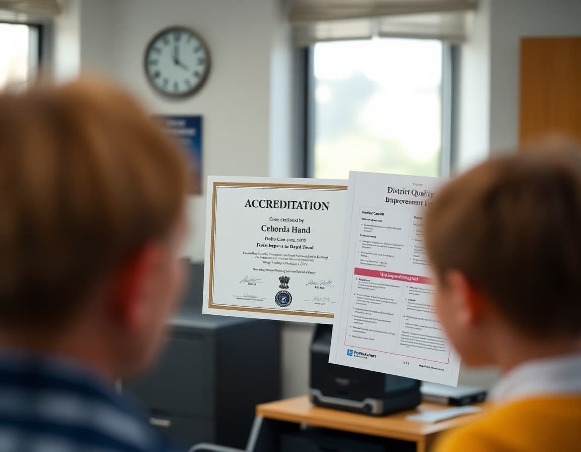 Accreditation certificate displayed in a school office alongside a district quality improvement report