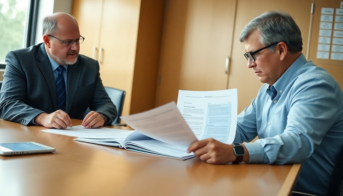 Superintendent and school principals reviewing an accreditation report at a conference table