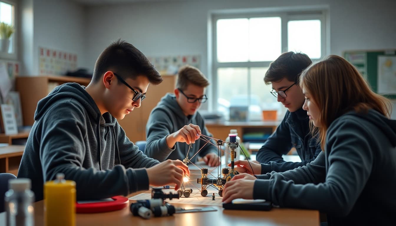 Students working on a challenging engineering project in a high school STEM advanced learning class