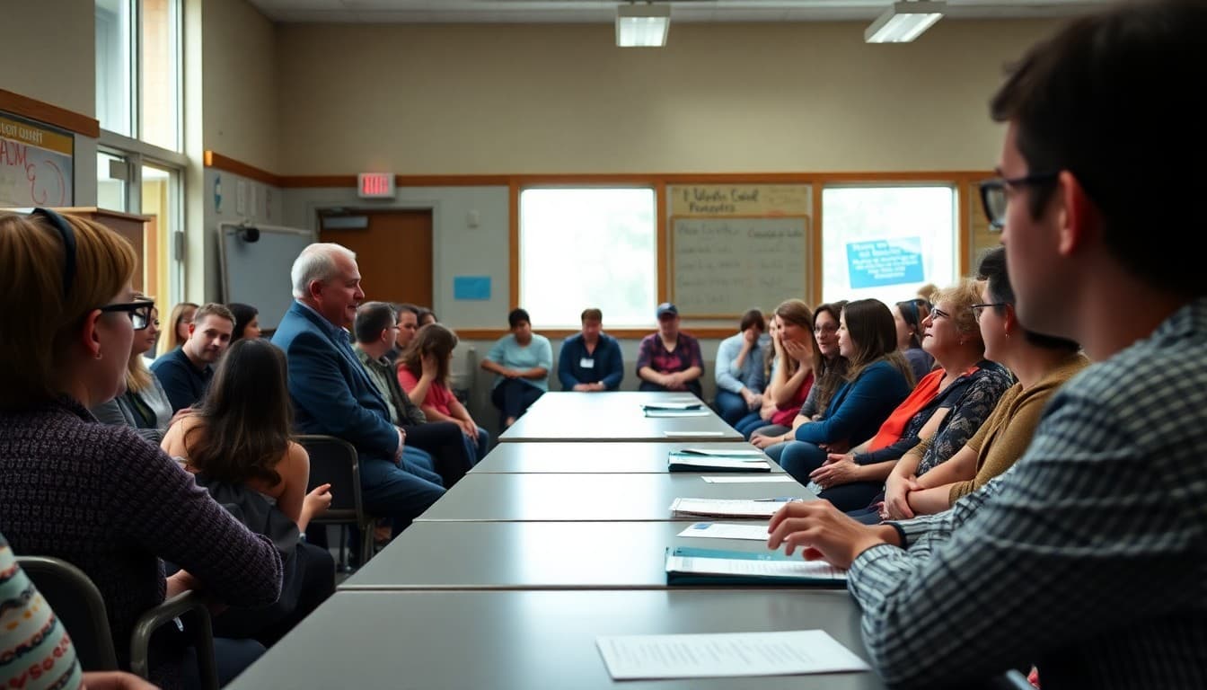 Superintendent presenting mid-year data at a community town hall with large attendance