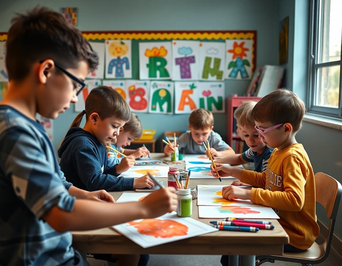 Elementary students working on a painting project in an art room with colorful student work displayed