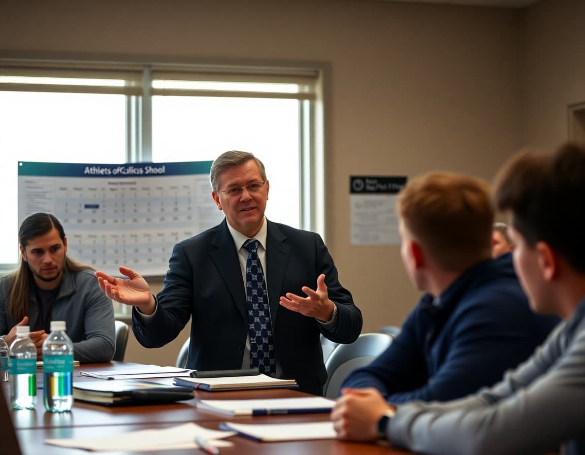 Athletic director reviewing sports program schedule and facilities plan at a district meeting