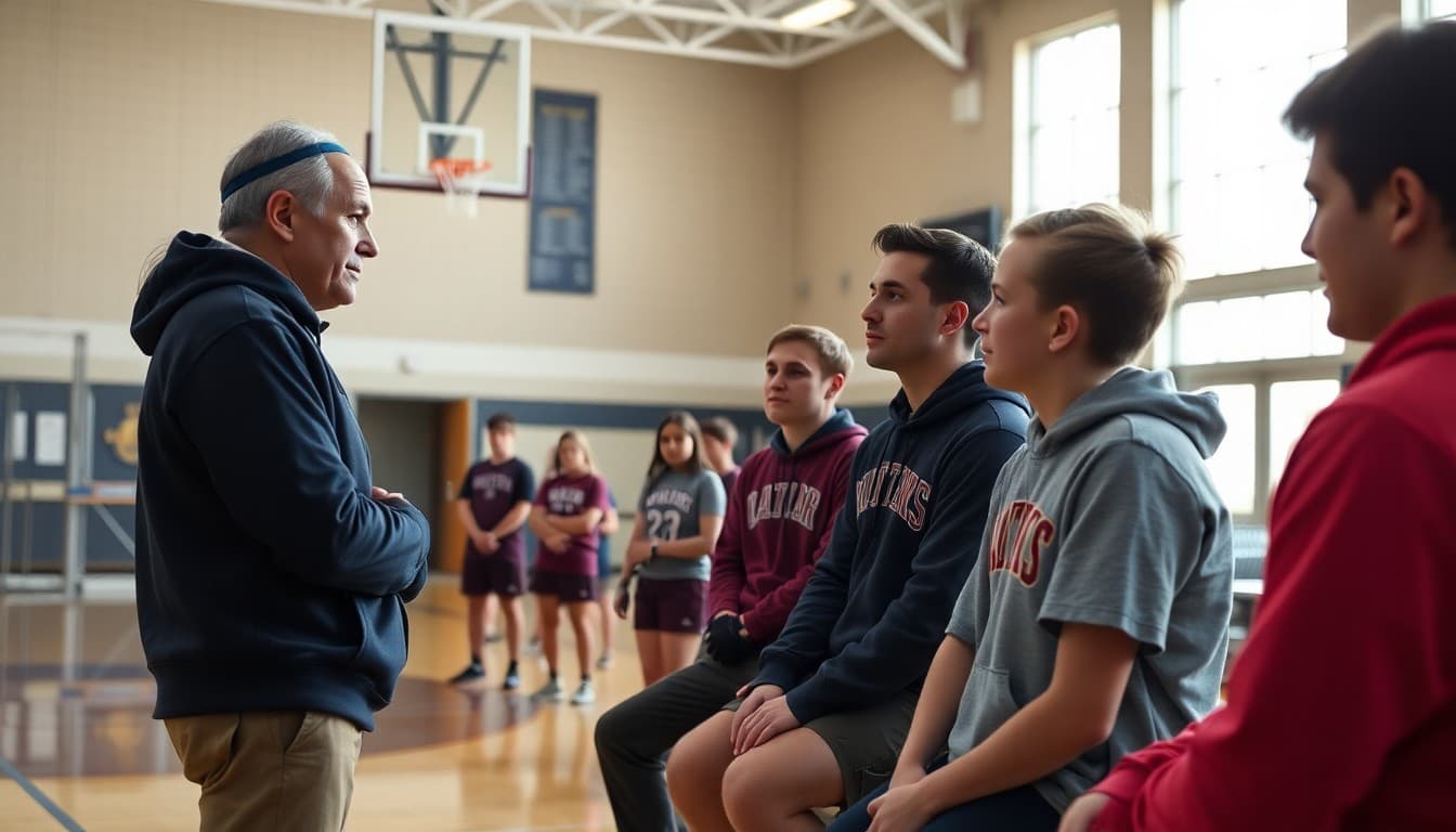 New athletic director meeting with student athletes and coaches at a school gymnasium