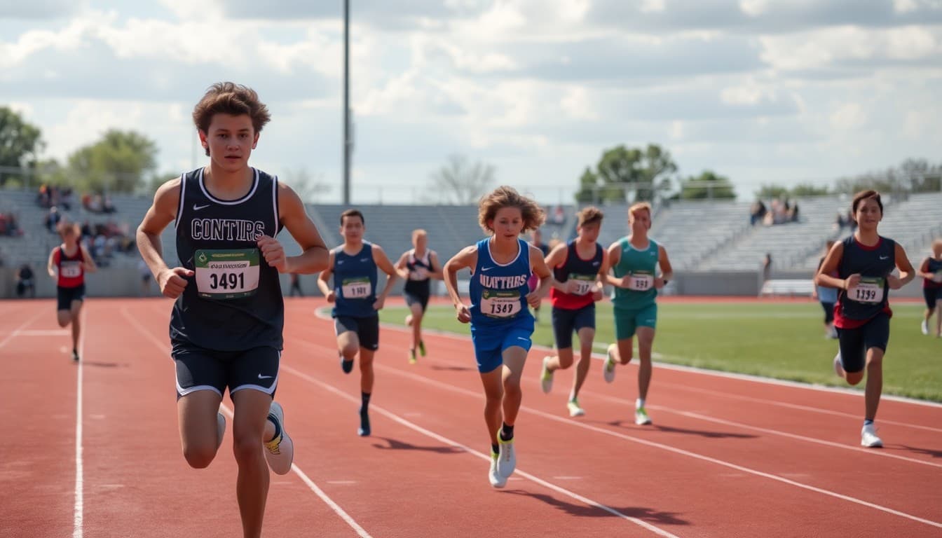 High school athletes competing in a district track meet at an outdoor stadium