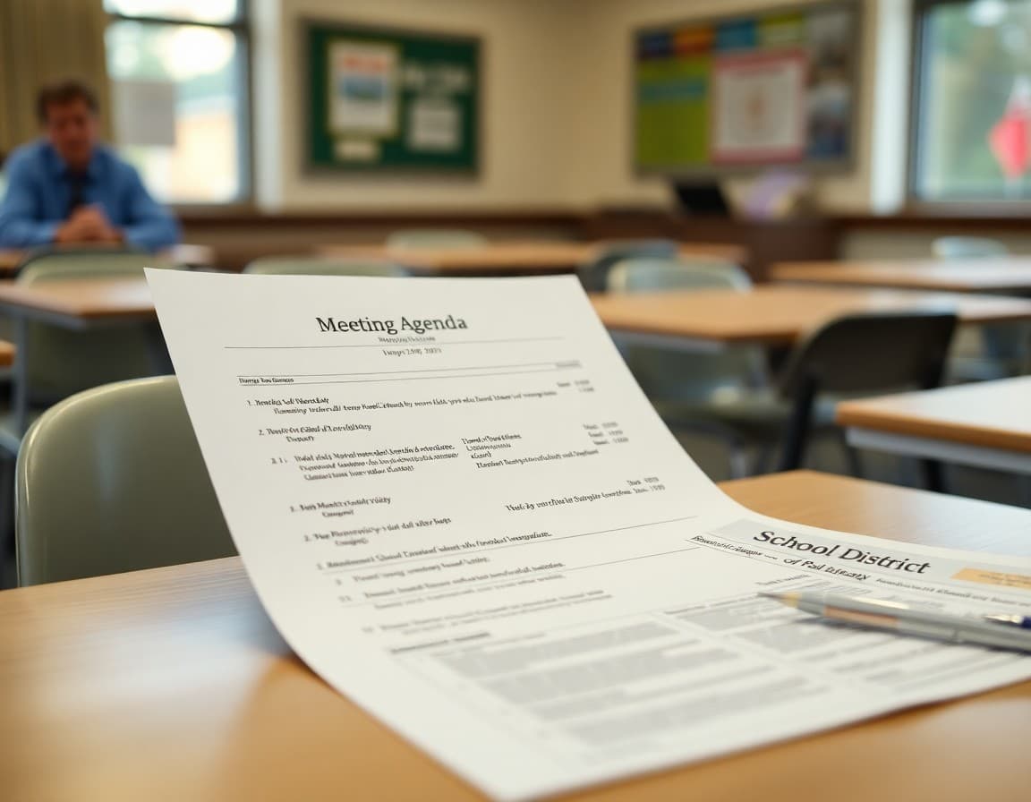 Meeting agenda document on a desk with a school district newsletter draft beside it