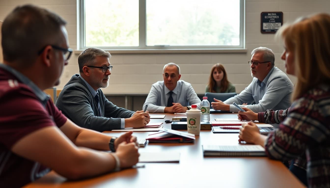 School board members seated at a table during a public board meeting with community members present