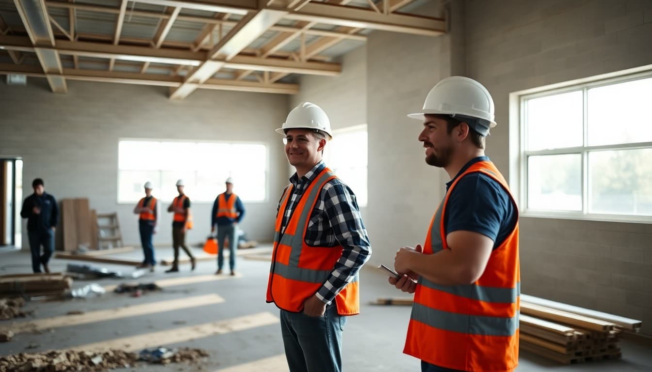 New school construction funded by a district bond measure with construction workers and a district administrator