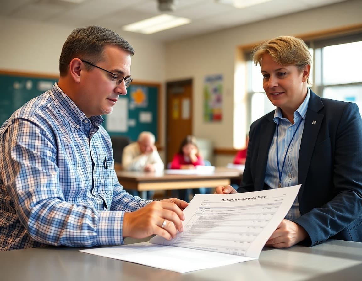 Superintendent reviewing the approved budget document with the district finance director