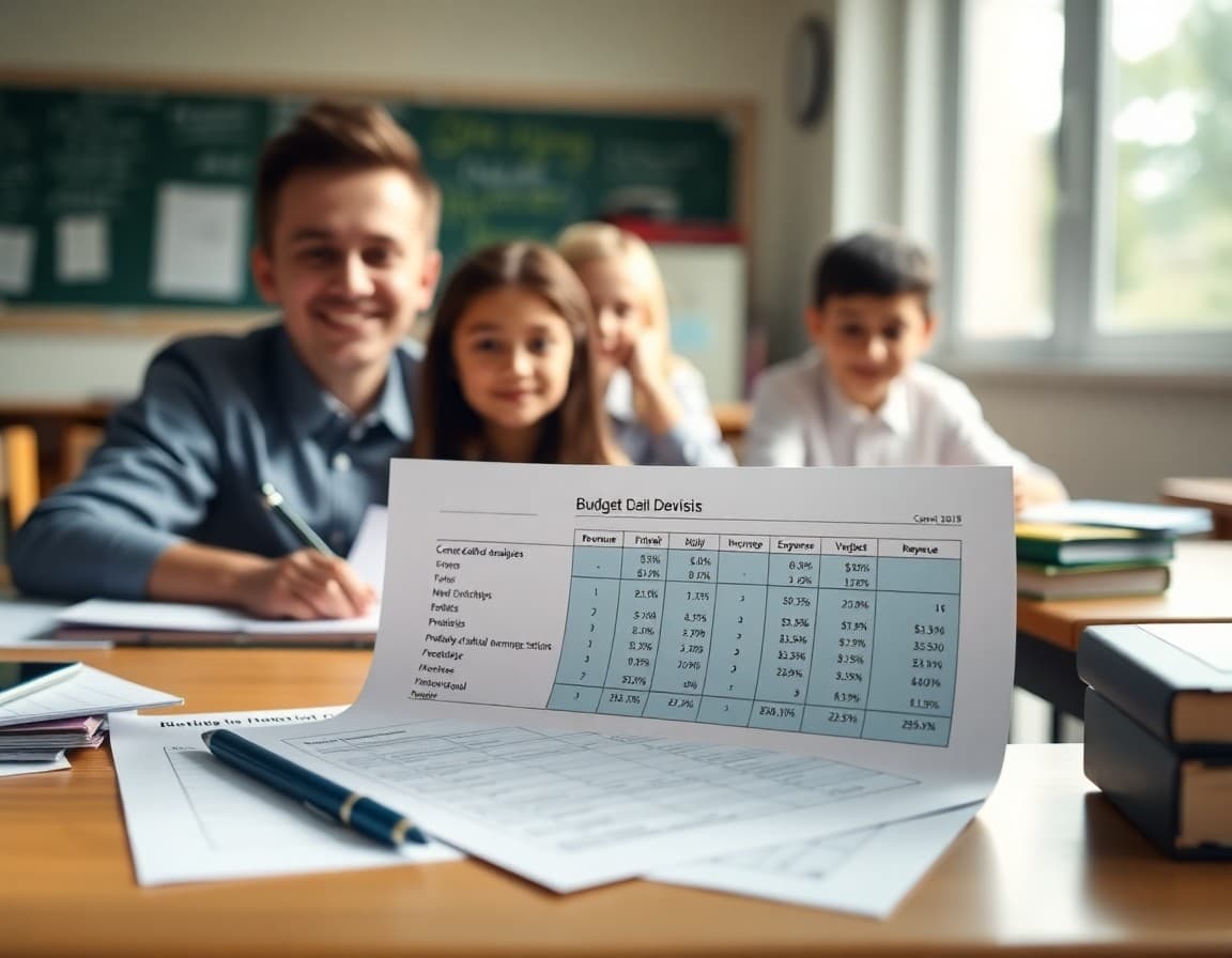 Budget deficit analysis document with revenue and expense projections on a finance desk