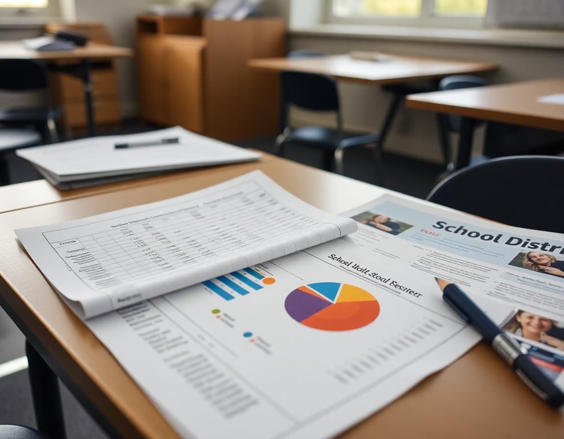Budget spreadsheet and pie chart on a desk next to a school district newsletter