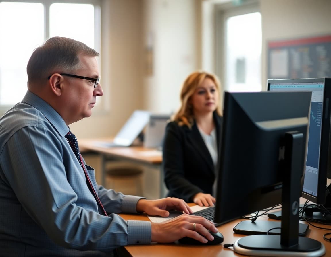 District transportation director reviewing route coverage with a dispatcher at a computer