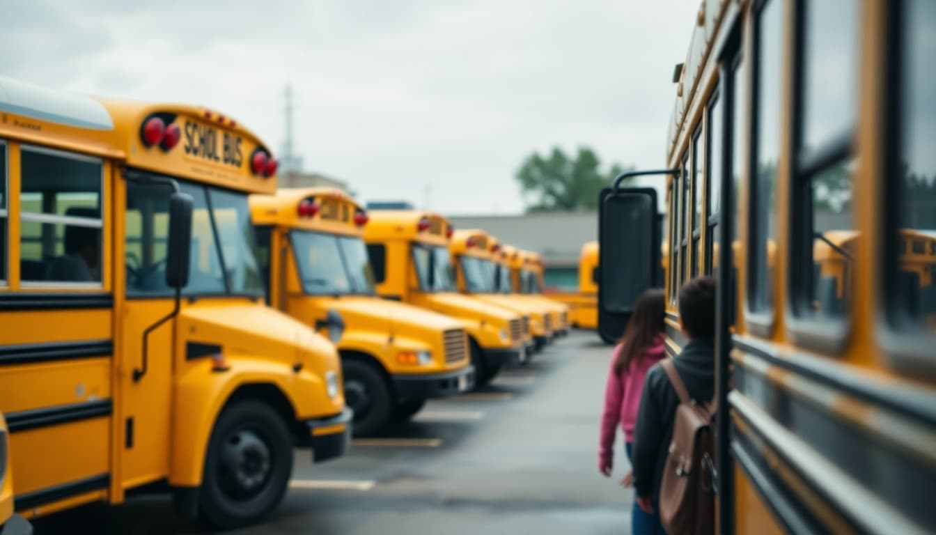 Yellow school buses parked in a district transportation yard on a cloudy morning