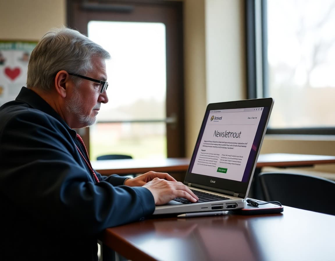Superintendent typing a newsletter on a laptop, district logo visible on the screen