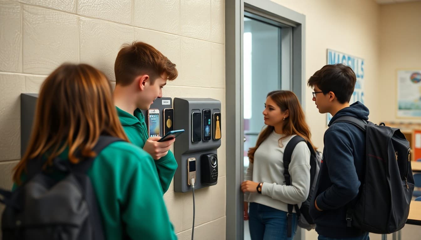 High school students placing phones in a wall-mounted phone storage unit at the classroom door