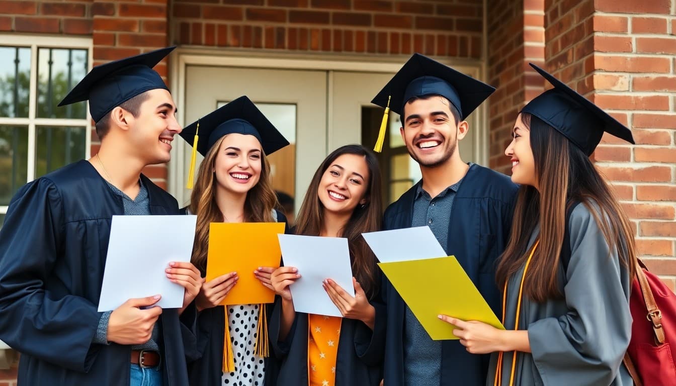 Recent graduates holding acceptance letters and celebrating outside their high school