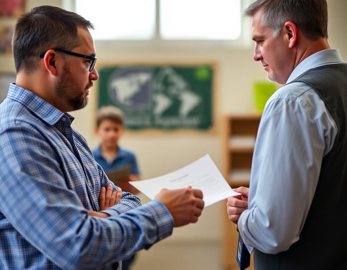 Business owner and school principal reviewing a partnership program at a local business site