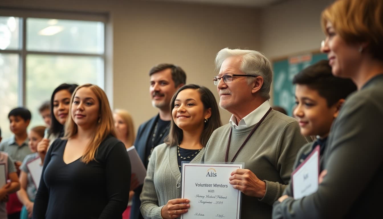 Volunteer community mentors recognized at a school district appreciation ceremony with students