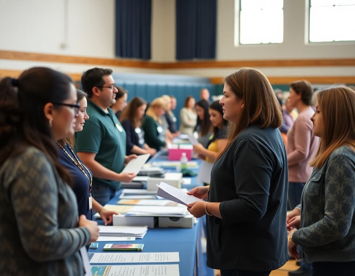 District staff and community volunteers at a resource fair in a school gymnasium